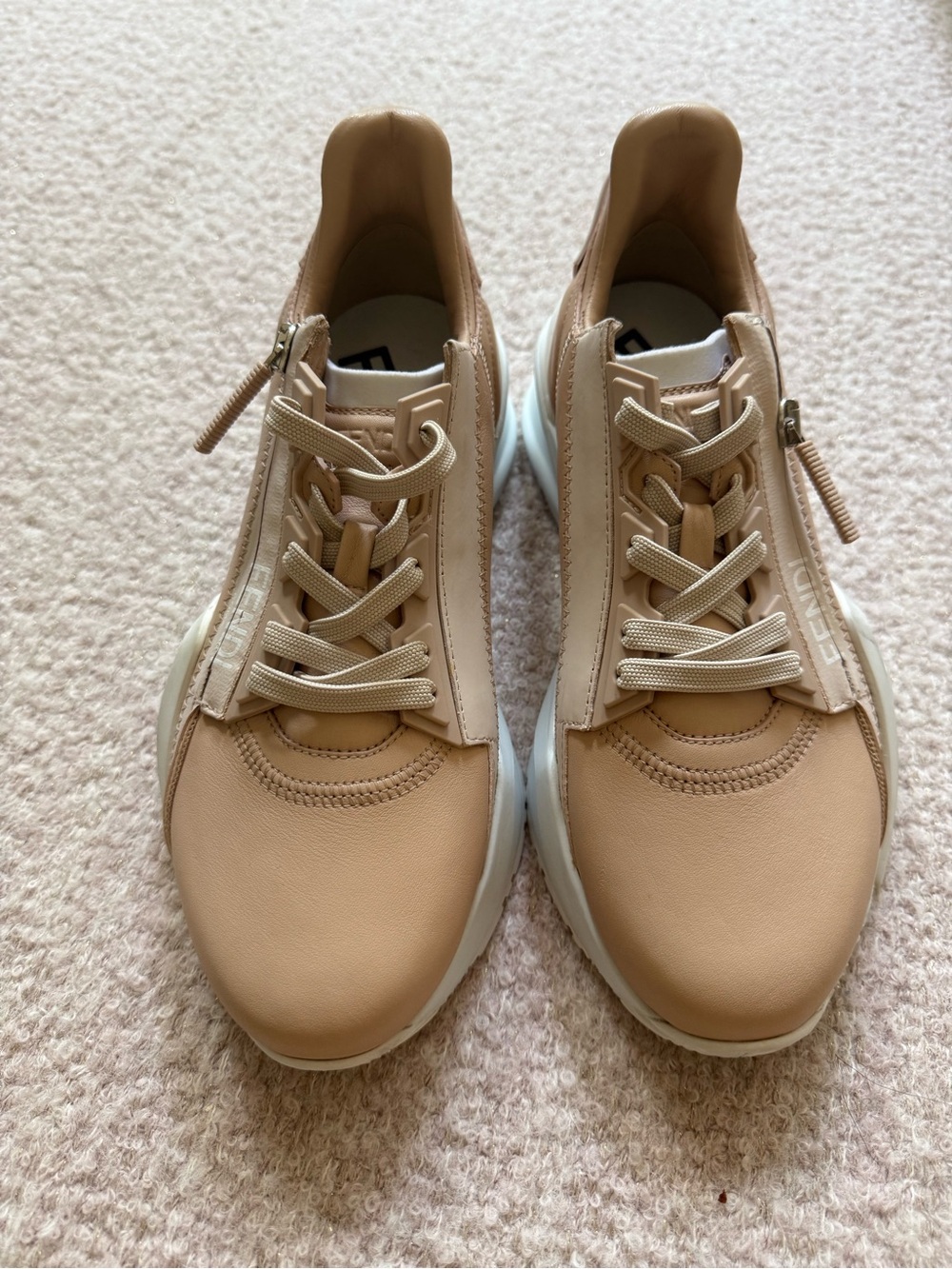Fendi Beige Leather Low-Top Sneakers with Cream Laces